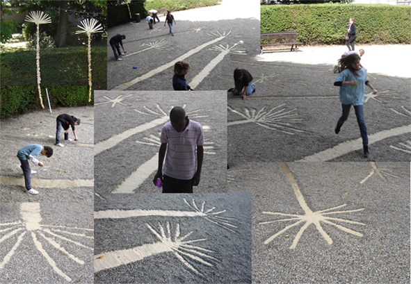 Ateliers de Paris Label avec les enfants de Deuil la Barre - empreintes land art en sable des palmiers suspendus - sur une idée de Paule kingleur