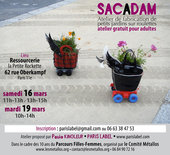Atelier Sacadam à Paris 11e à la Ressourcerie de la Petite Rockette, animé par Paule Kingleur de Paris Label, pour le Parcours Filles-Femmes organisé par le Comité Métallos.